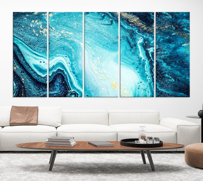 Neon Blue and Gold Marble Modern Abstract Canvas Wall Art Print