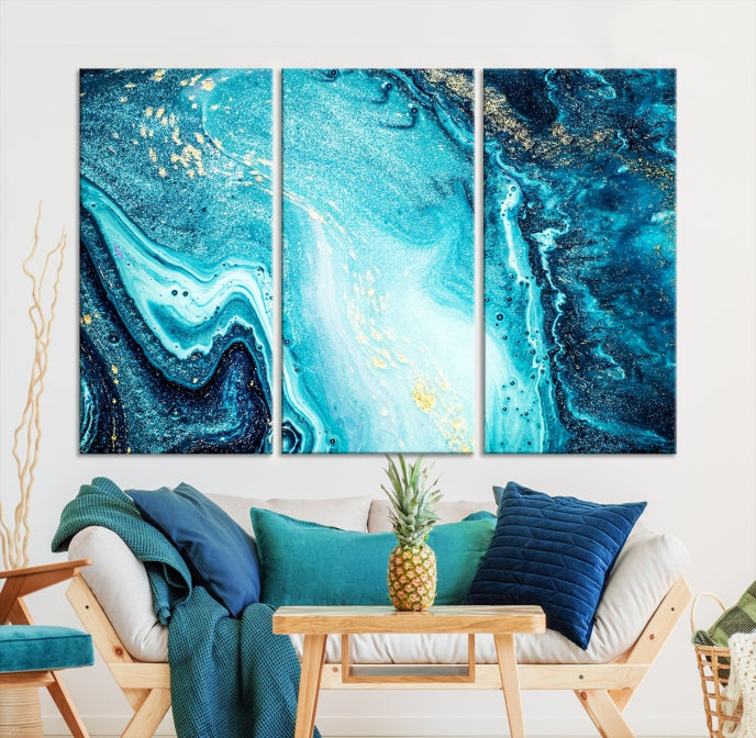 Neon Blue and Gold Marble Modern Abstract Canvas Wall Art Print