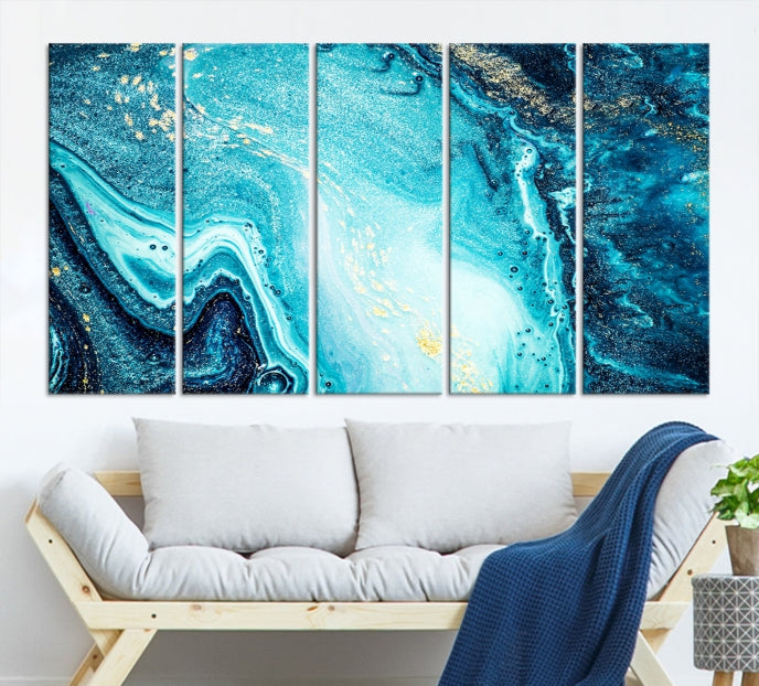 Neon Blue and Gold Marble Modern Abstract Canvas Wall Art Print