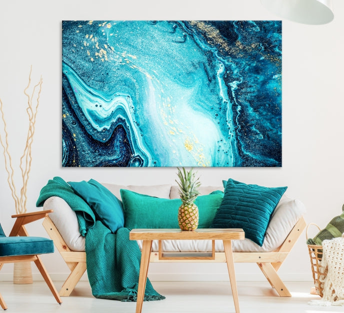 Neon Blue and Gold Marble Modern Abstract Canvas Wall Art Print