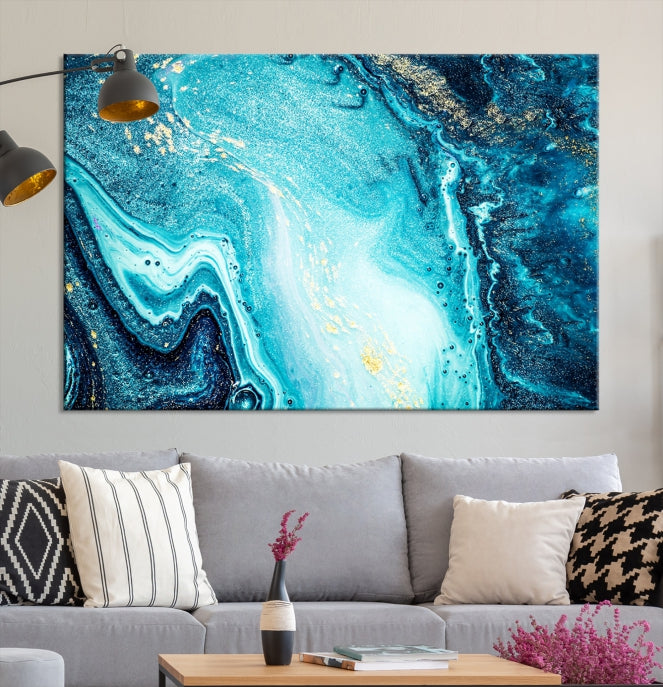 Neon Blue and Gold Marble Modern Abstract Canvas Wall Art Print