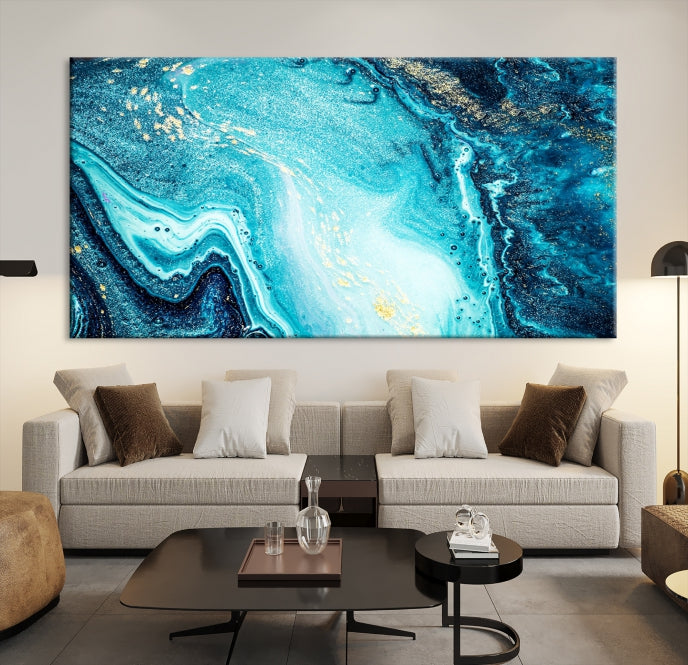 Neon Blue and Gold Marble Modern Abstract Canvas Wall Art Print