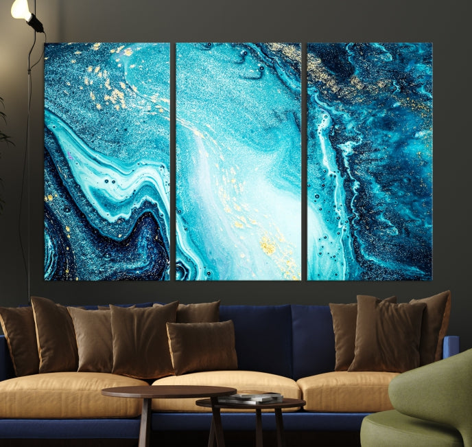 Neon Blue and Gold Marble Modern Abstract Canvas Wall Art Print