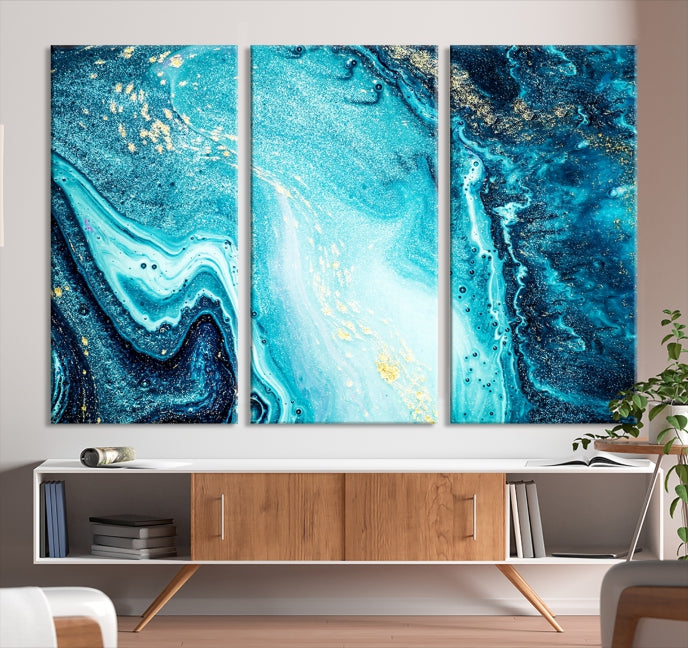 Neon Blue and Gold Marble Modern Abstract Canvas Wall Art Print