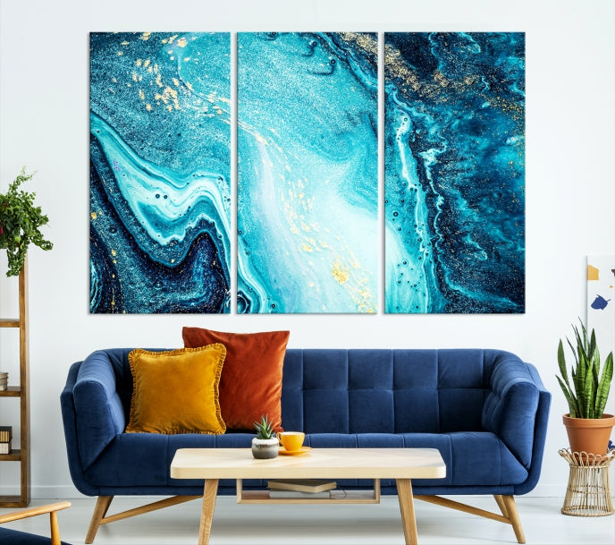 Neon Blue and Gold Marble Modern Abstract Canvas Wall Art Print