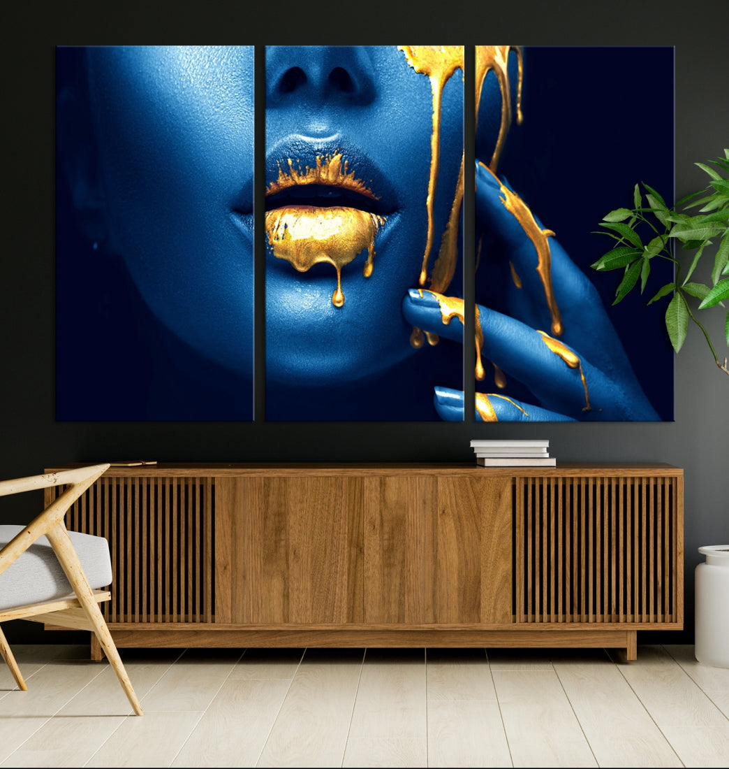 Neon Blue Gold Lips Sensual Photography Canvas Wall Art Print Fashion Art Beauty