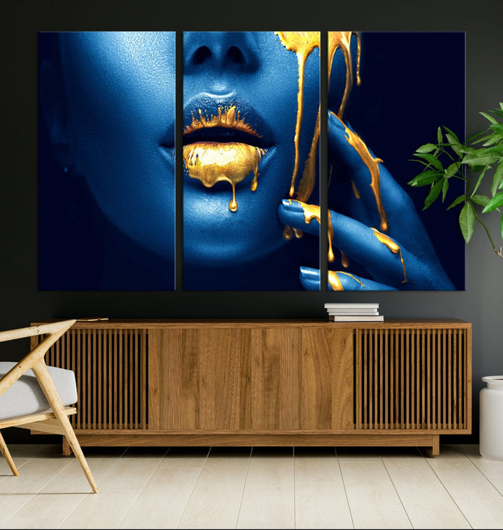 Neon Blue Gold Lips Sensual Photography Canvas Wall Art Print Fashion Art Beauty