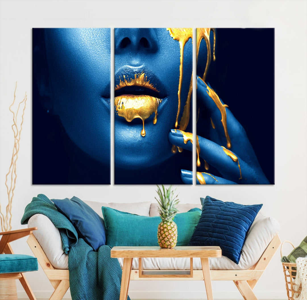 Neon Blue Gold Lips Sensual Photography Canvas Wall Art Print Fashion Art Beauty