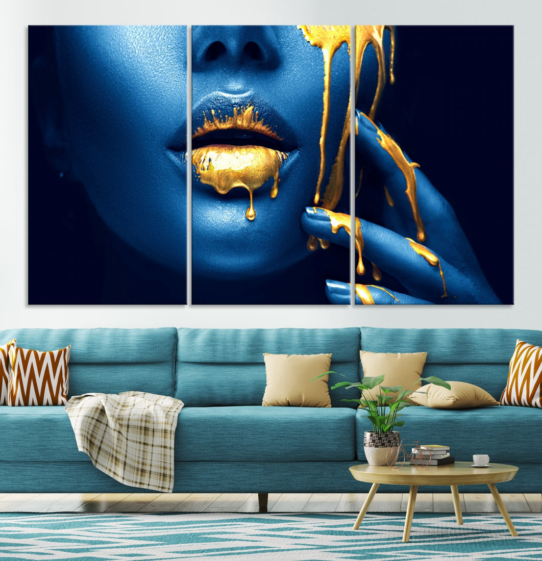 Neon Blue Gold Lips Sensual Photography Canvas Wall Art Print Fashion Art Beauty