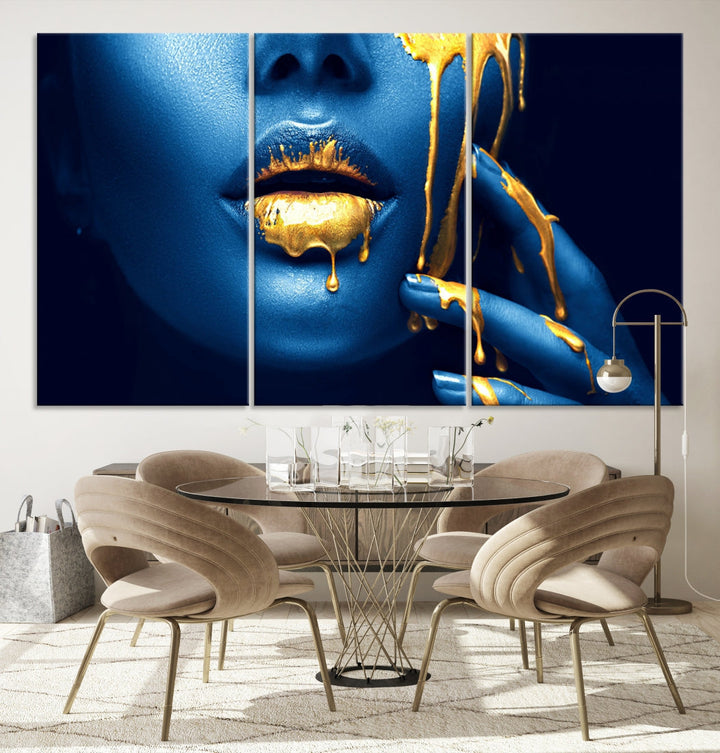 Neon Blue Gold Lips Sensual Photography Canvas Wall Art Print Fashion Art Beauty