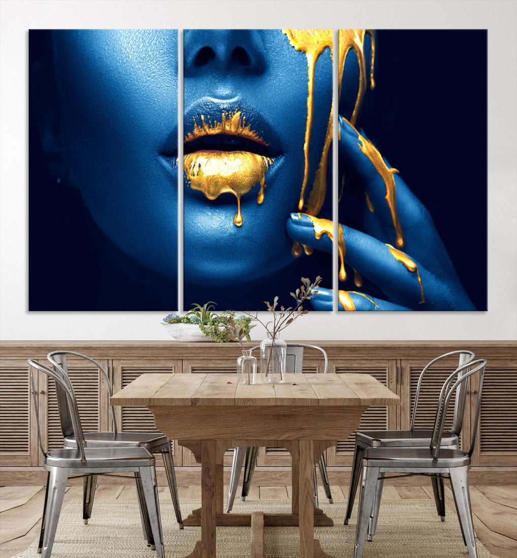 Neon Blue Gold Lips Sensual Photography Canvas Wall Art Print Fashion Art Beauty