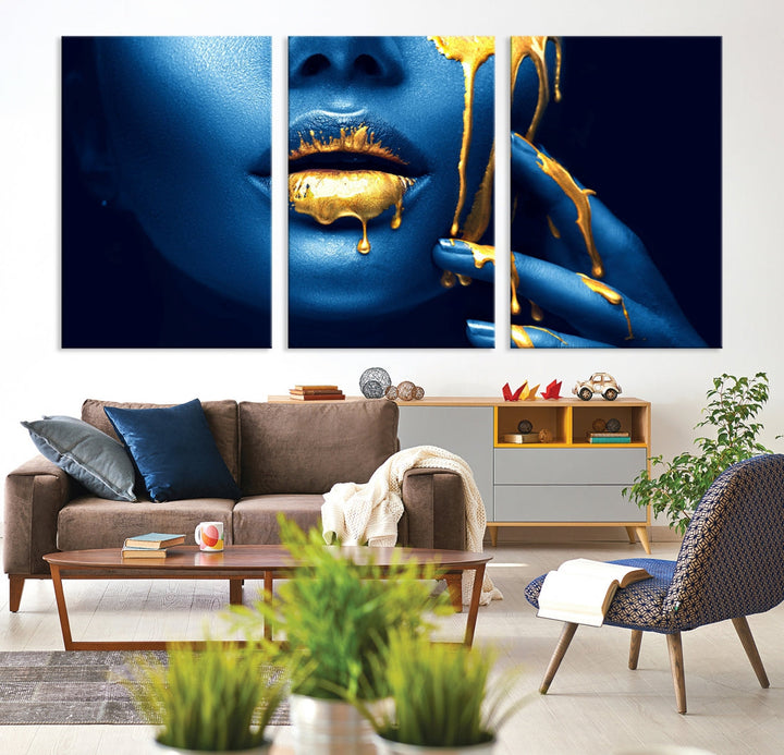 Neon Blue Gold Lips Sensual Photography Canvas Wall Art Print Fashion Art Beauty