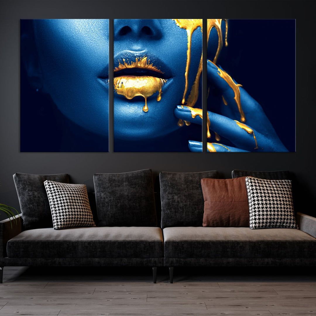 Neon Blue Gold Lips Sensual Photography Canvas Wall Art Print Fashion Art Beauty