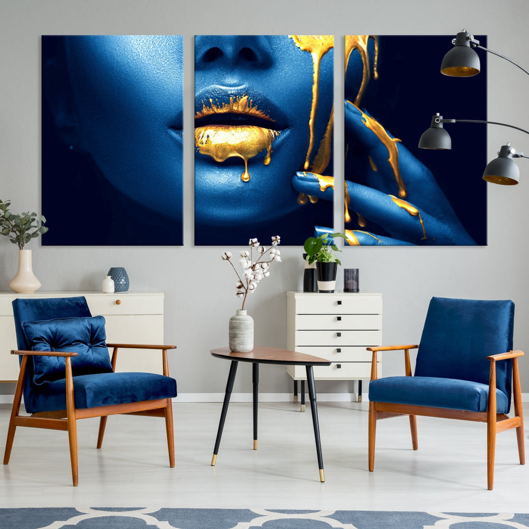 Neon Blue Gold Lips Sensual Photography Canvas Wall Art Print Fashion Art Beauty