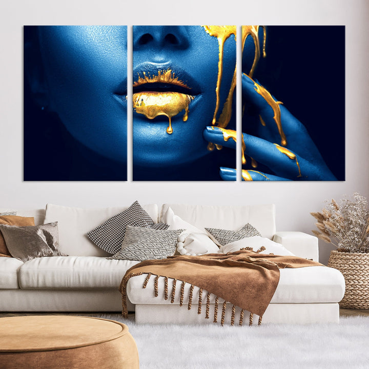 Neon Blue Gold Lips Sensual Photography Canvas Wall Art Print Fashion Art Beauty