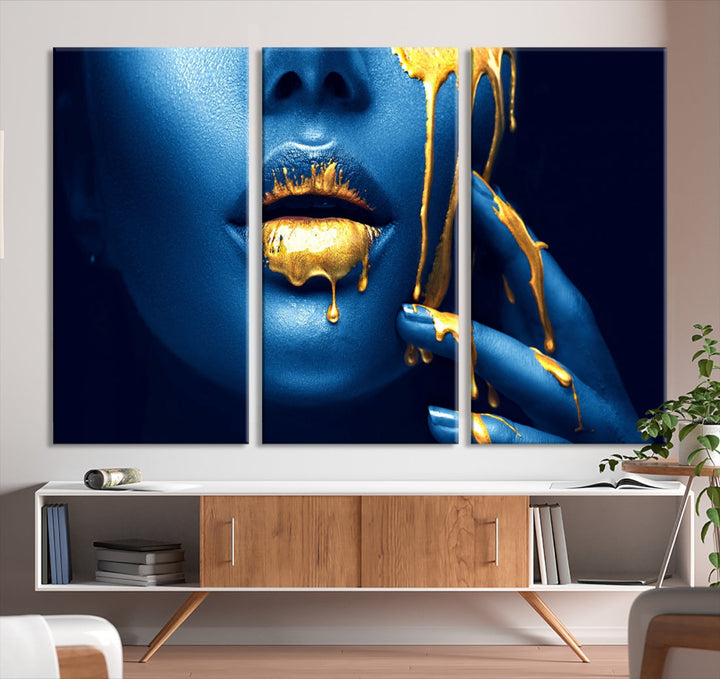 Neon Blue Gold Lips Sensual Photography Canvas Wall Art Print Fashion Art Beauty