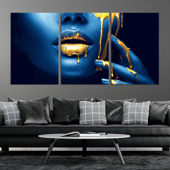 Neon Blue Gold Lips Sensual Photography Canvas Wall Art Print Fashion Art Beauty