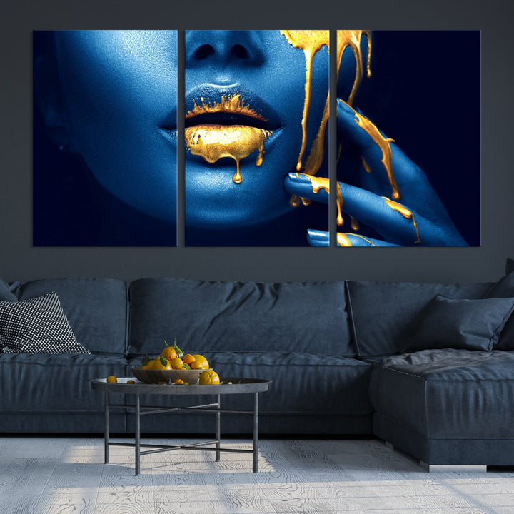 Neon Blue Gold Lips Sensual Photography Canvas Wall Art Print Fashion Art Beauty