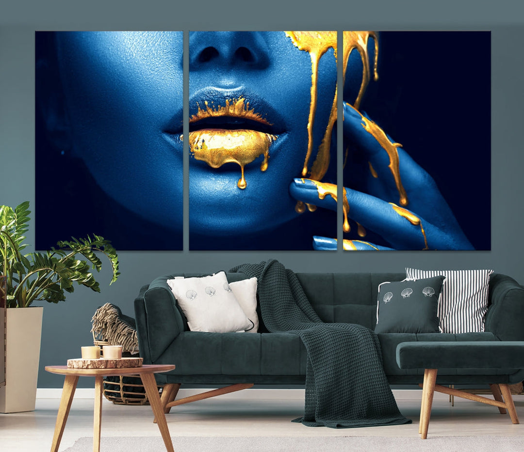 Neon Blue Gold Lips Sensual Photography Canvas Wall Art Print Fashion Art Beauty