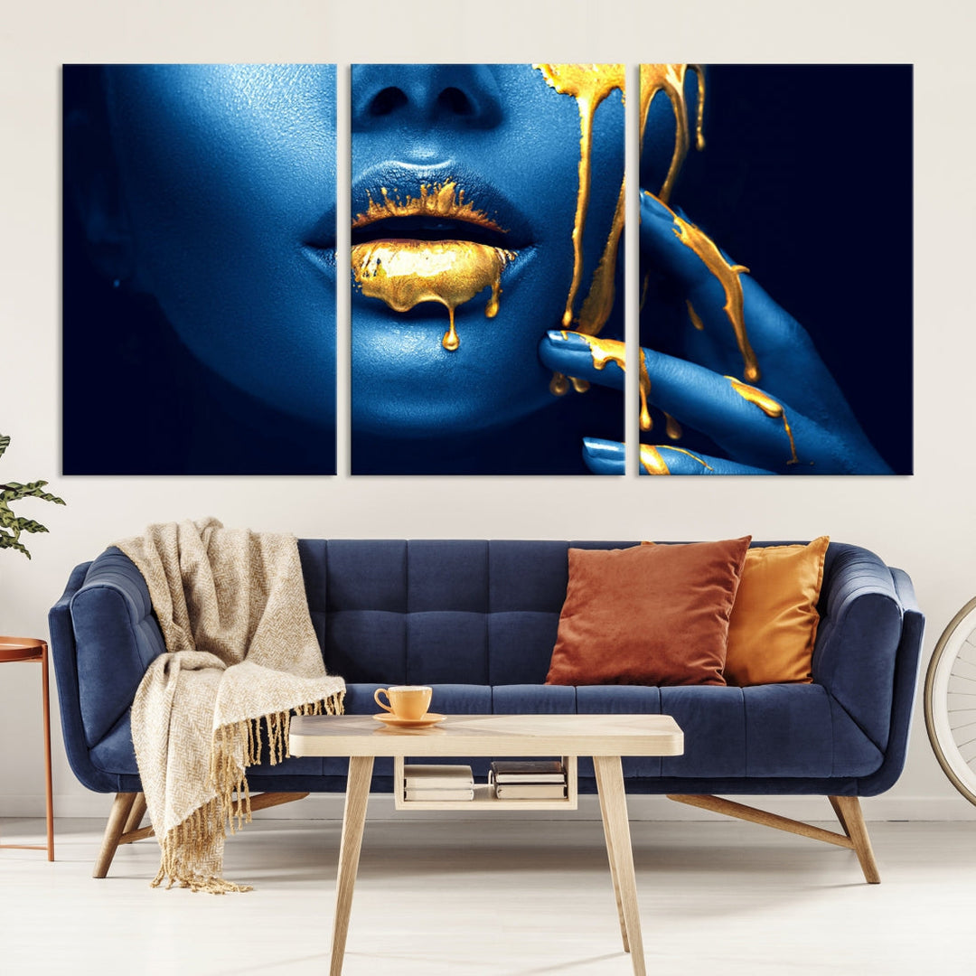 Neon Blue Gold Lips Sensual Photography Canvas Wall Art Print Fashion Art Beauty