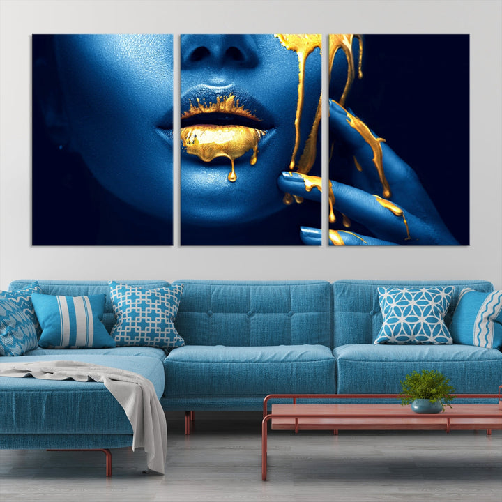 Neon Blue Gold Lips Sensual Photography Canvas Wall Art Print Fashion Art Beauty