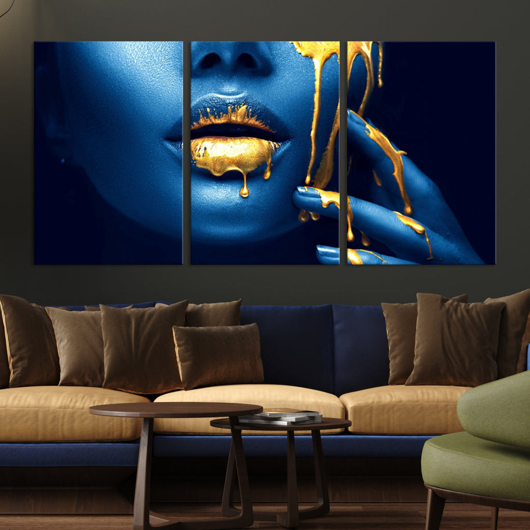 Neon Blue Gold Lips Sensual Photography Canvas Wall Art Print Fashion Art Beauty