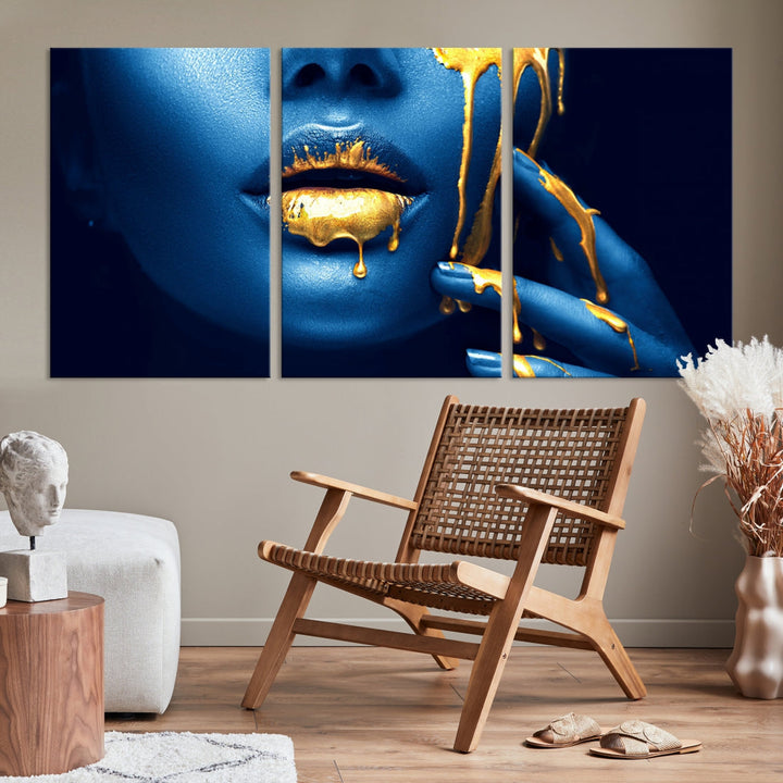 Neon Blue Gold Lips Sensual Photography Canvas Wall Art Print Fashion Art Beauty