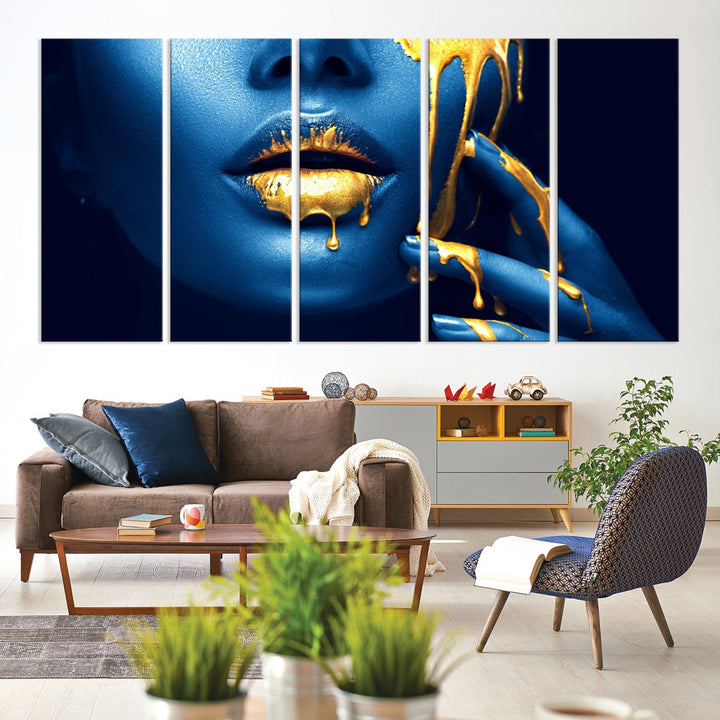 Neon Blue Gold Lips Sensual Photography Canvas Wall Art Print Fashion Art Beauty