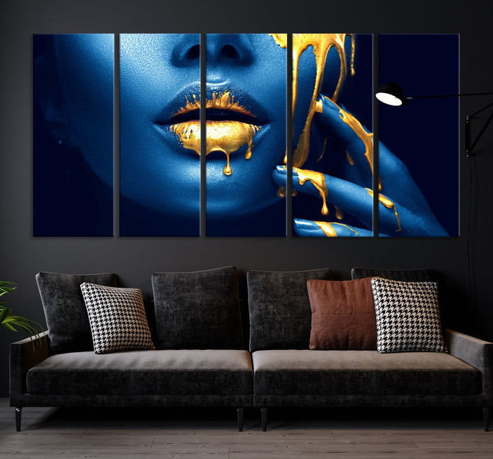 Neon Blue Gold Lips Sensual Photography Canvas Wall Art Print Fashion Art Beauty