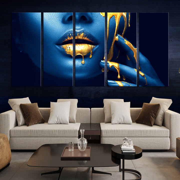 Neon Blue Gold Lips Sensual Photography Canvas Wall Art Print Fashion Art Beauty