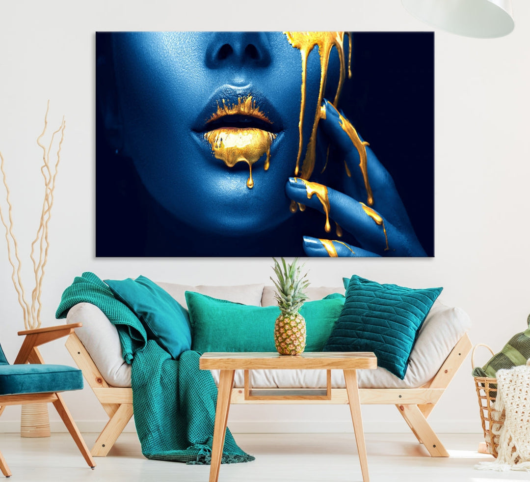 Neon Blue Gold Lips Sensual Photography Canvas Wall Art Print Fashion Art Beauty