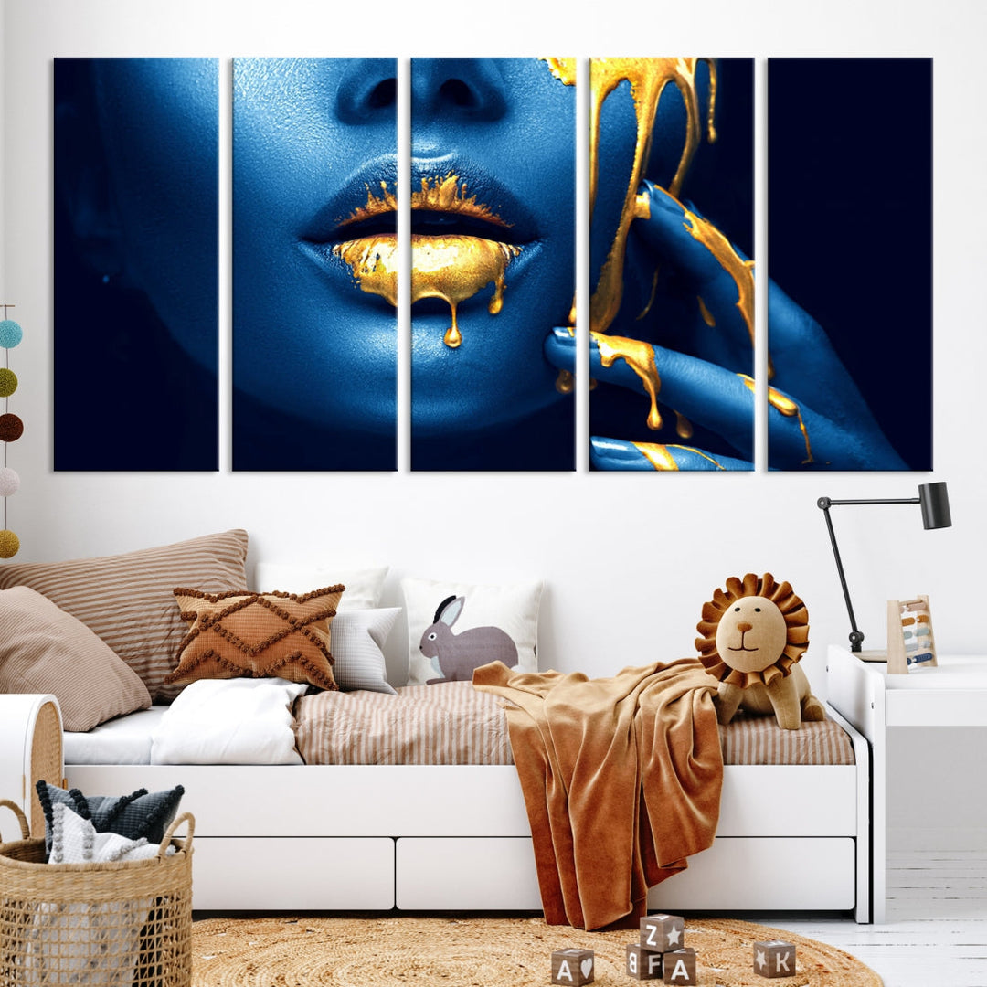 Neon Blue Gold Lips Sensual Photography Canvas Wall Art Print Fashion Art Beauty