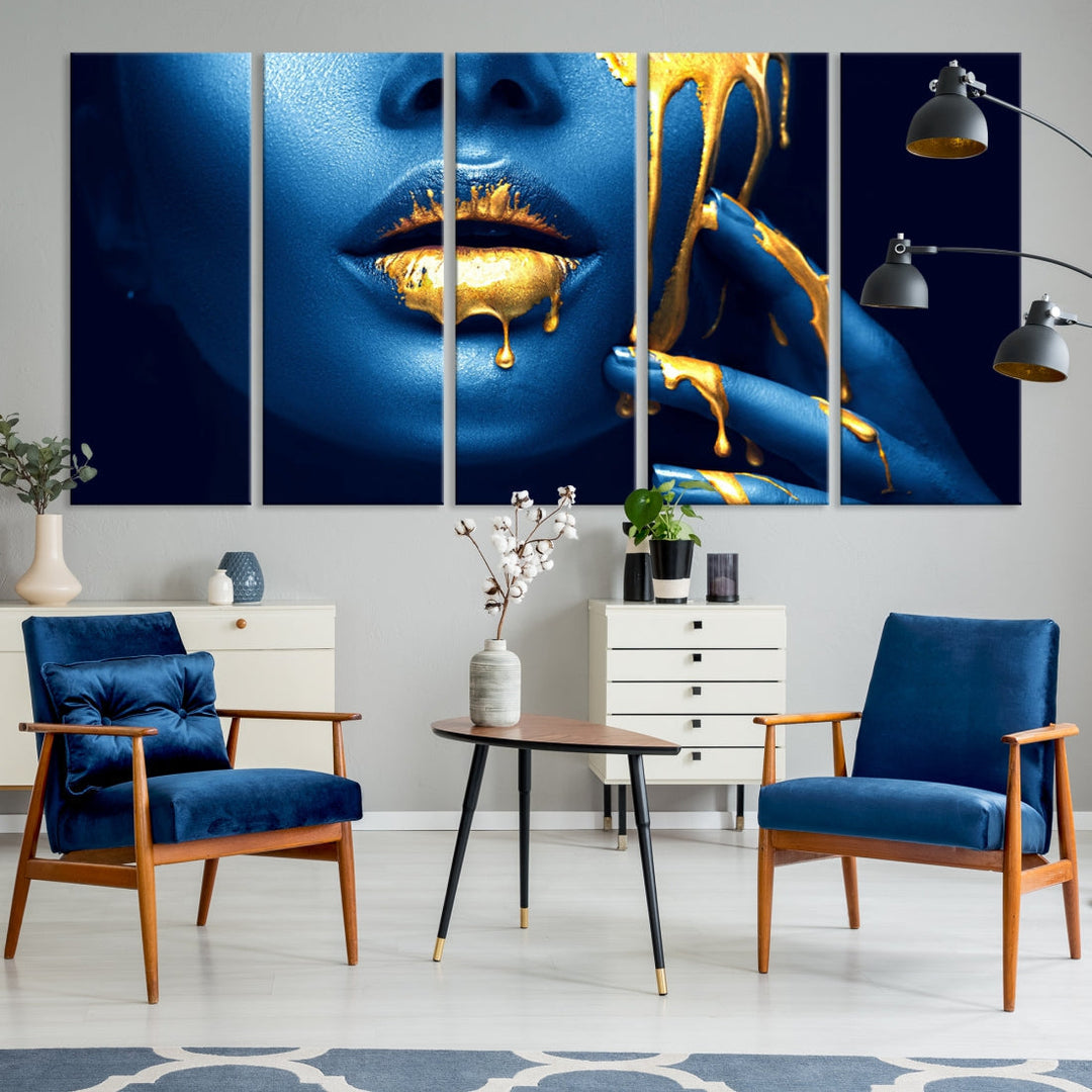 Neon Blue Gold Lips Sensual Photography Canvas Wall Art Print Fashion Art Beauty