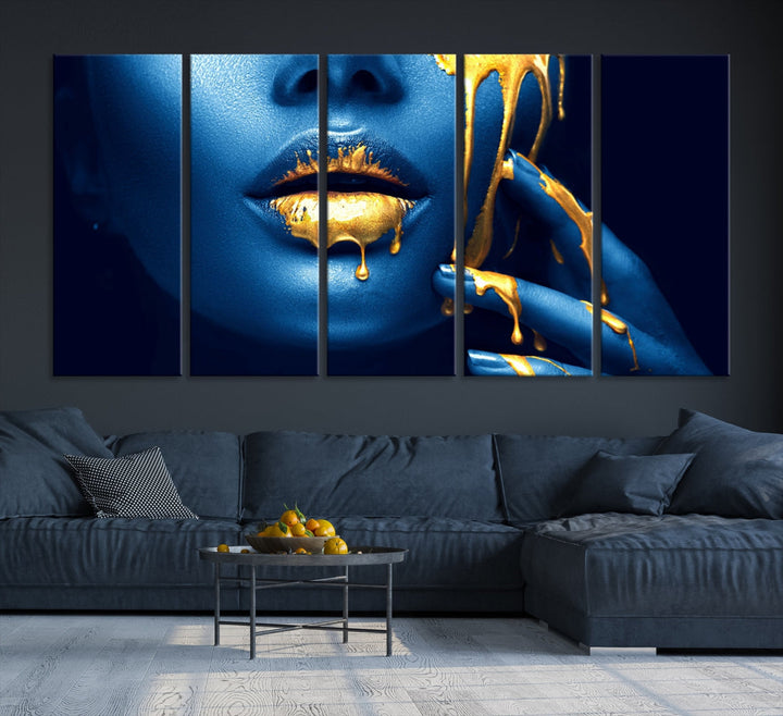 Neon Blue Gold Lips Sensual Photography Canvas Wall Art Print Fashion Art Beauty