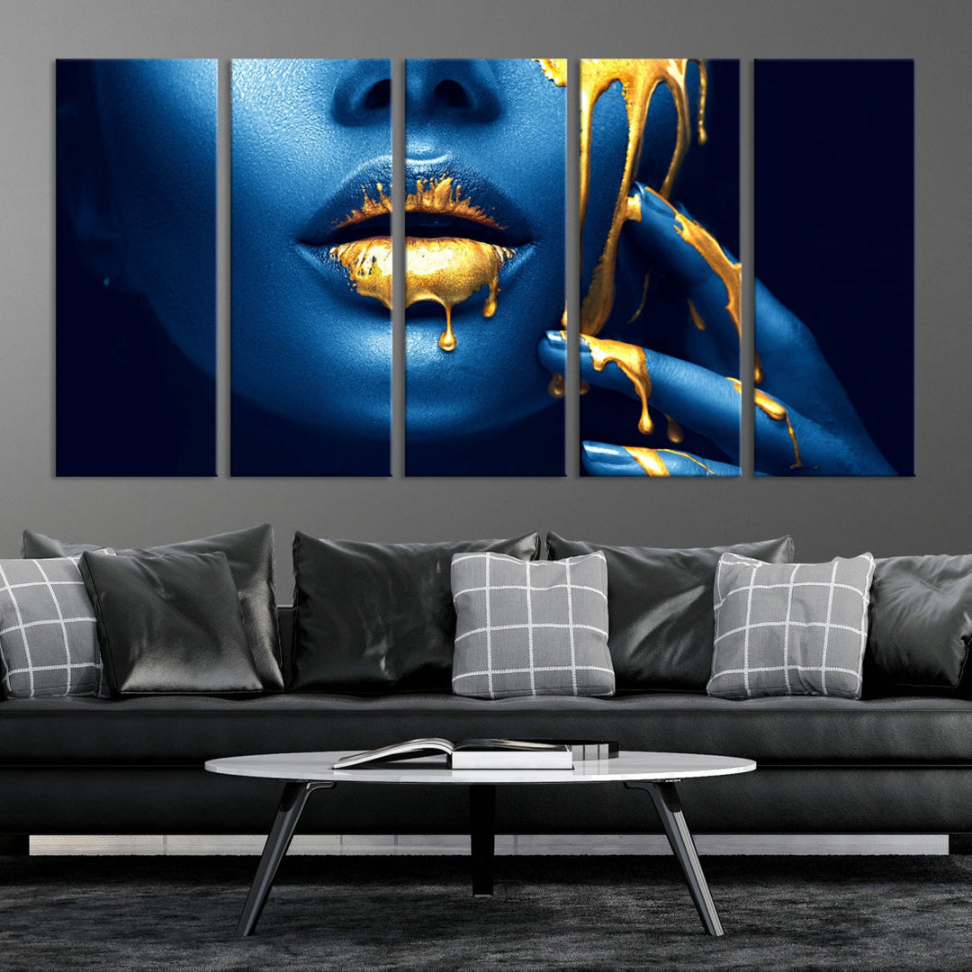 Neon Blue Gold Lips Sensual Photography Canvas Wall Art Print Fashion Art Beauty