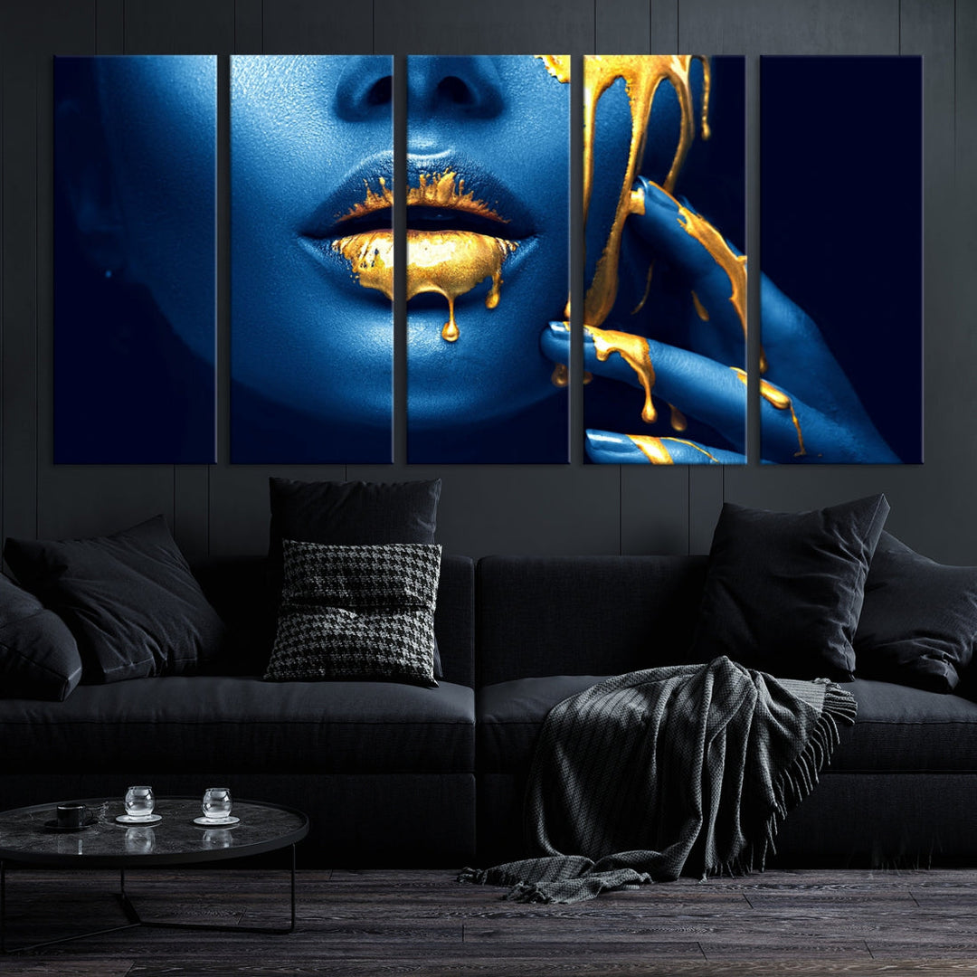 Neon Blue Gold Lips Sensual Photography Canvas Wall Art Print Fashion Art Beauty