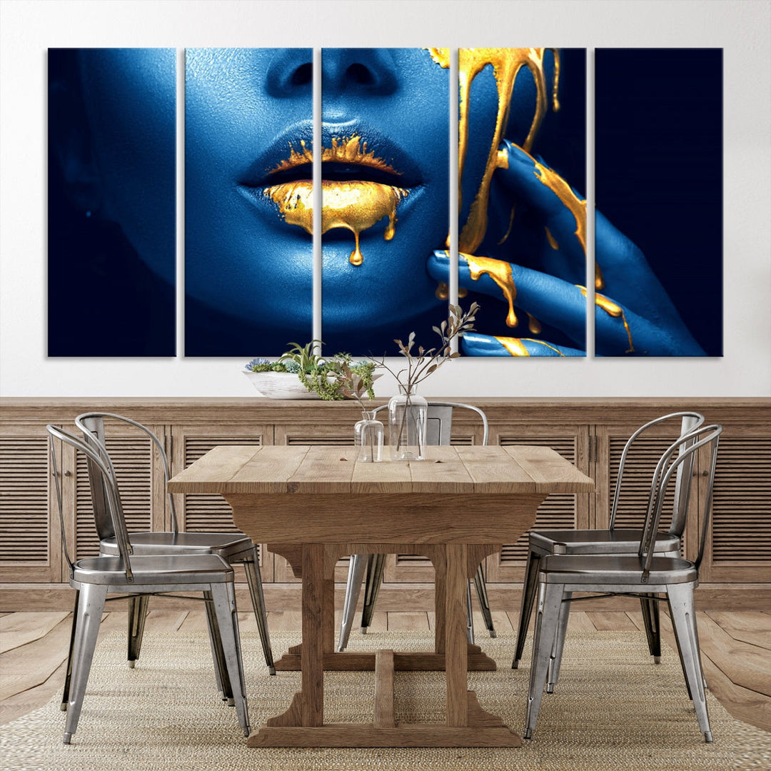 Neon Blue Gold Lips Sensual Photography Canvas Wall Art Print Fashion Art Beauty