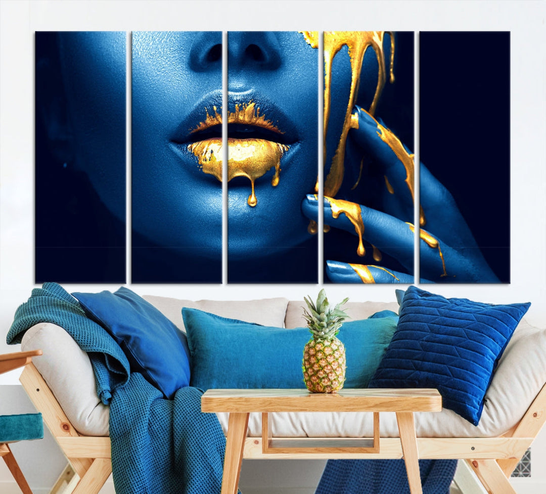 Neon Blue Gold Lips Sensual Photography Canvas Wall Art Print Fashion Art Beauty