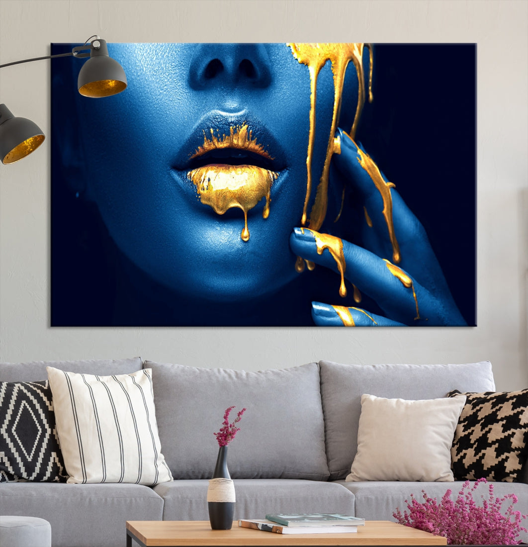 Neon Blue Gold Lips Sensual Photography Canvas Wall Art Print Fashion Art Beauty