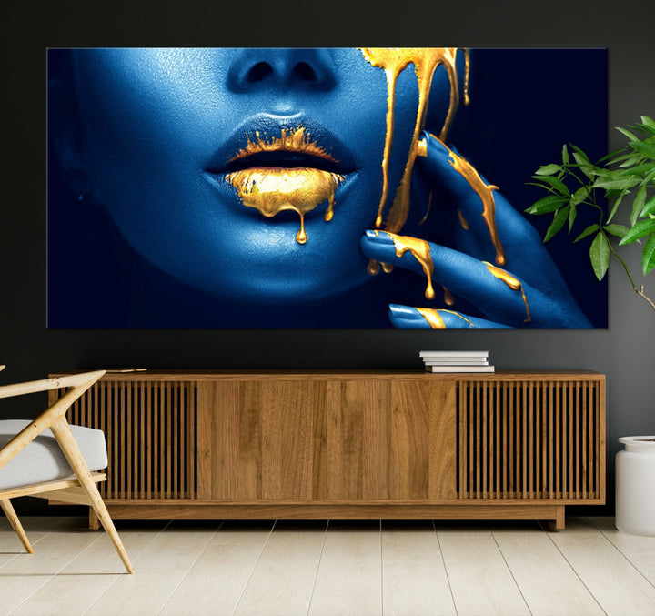 Neon Blue Gold Lips Sensual Photography Canvas Wall Art Print Fashion Art Beauty