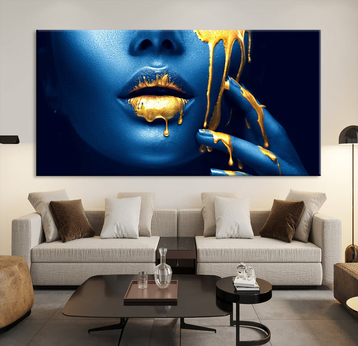 Neon Blue Gold Lips Sensual Photography Canvas Wall Art Print Fashion Art Beauty