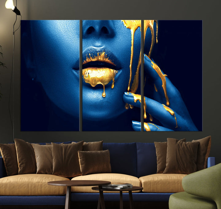 Neon Blue Gold Lips Sensual Photography Canvas Wall Art Print Fashion Art Beauty