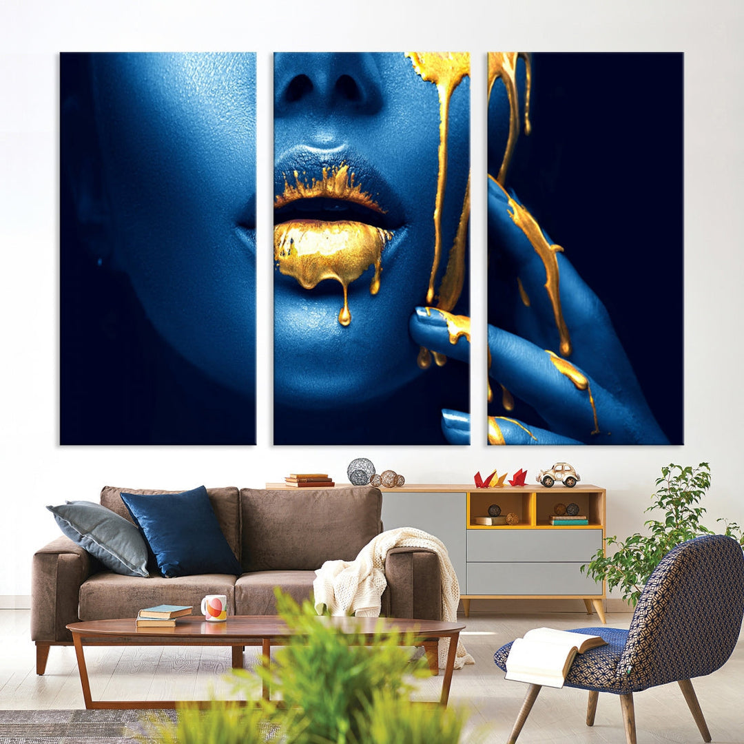 Neon Blue Gold Lips Sensual Photography Canvas Wall Art Print Fashion Art Beauty