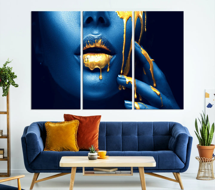 Neon Blue Gold Lips Sensual Photography Canvas Wall Art Print Fashion Art Beauty