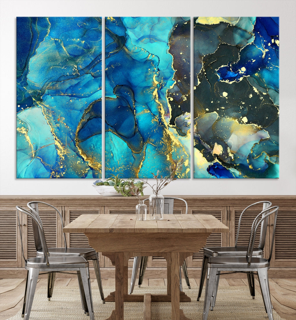 Neon Blue Marble Abstract Large Canvas Art Print for Wall Decor