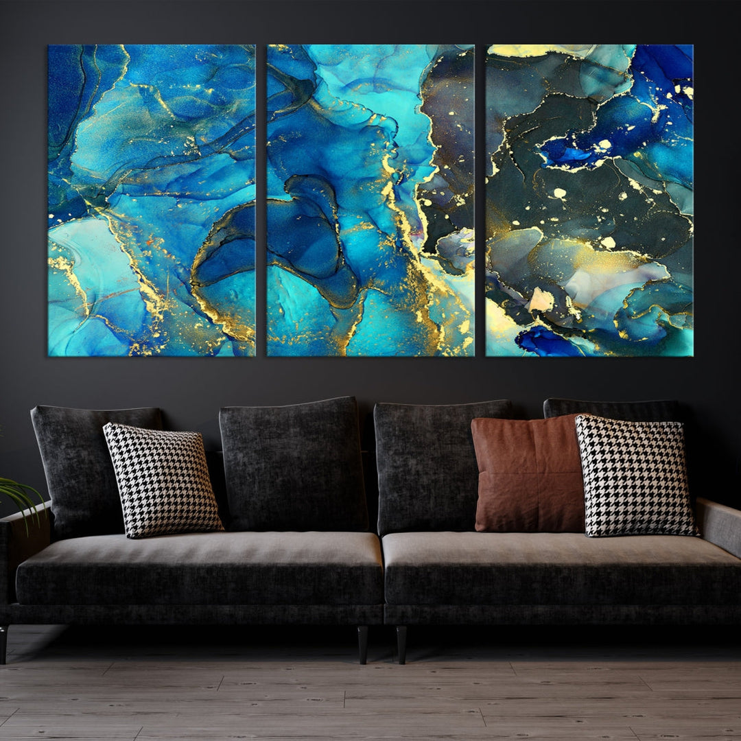 Neon Blue Marble Abstract Large Canvas Art Print for Wall Decor