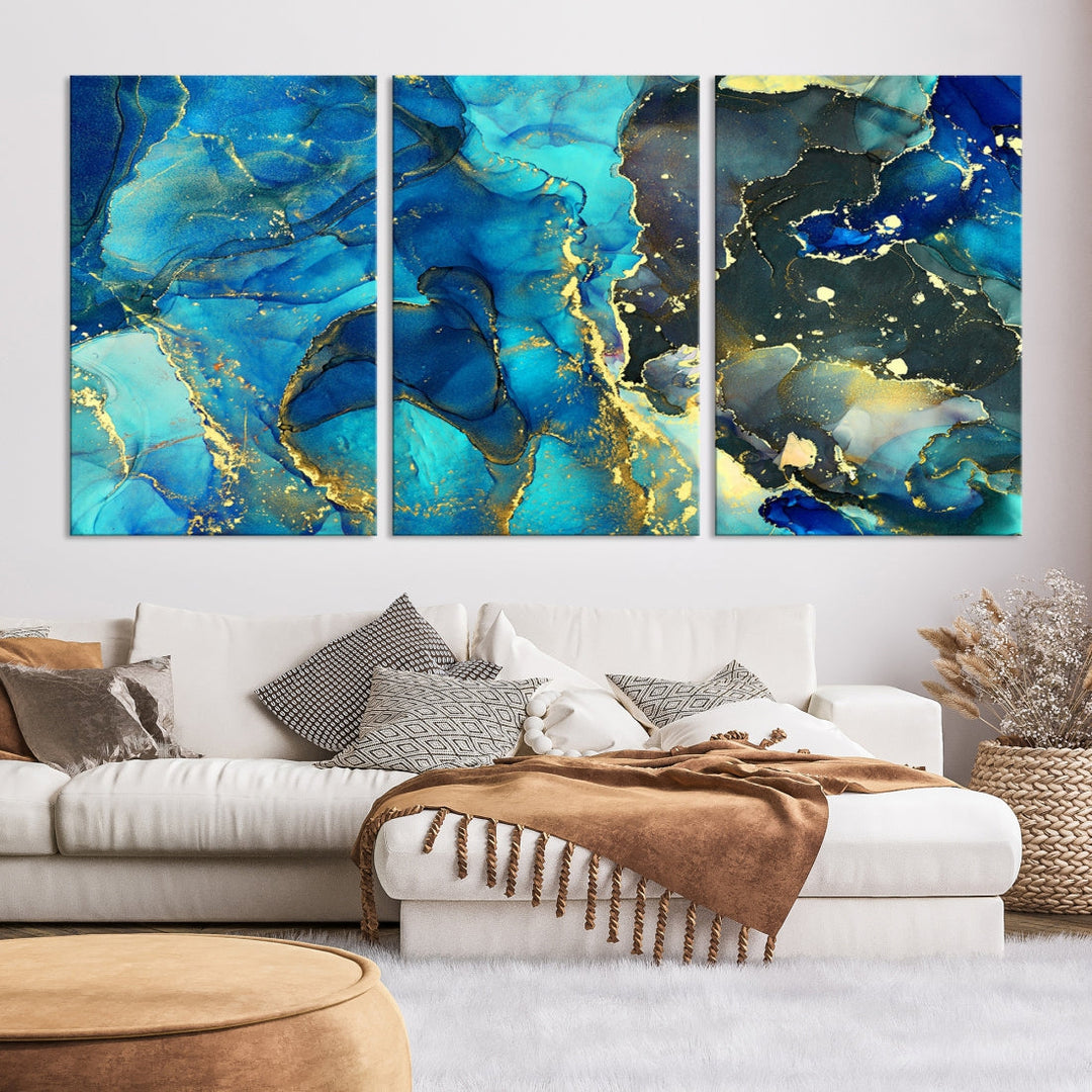 Neon Blue Marble Abstract Large Canvas Art Print for Wall Decor