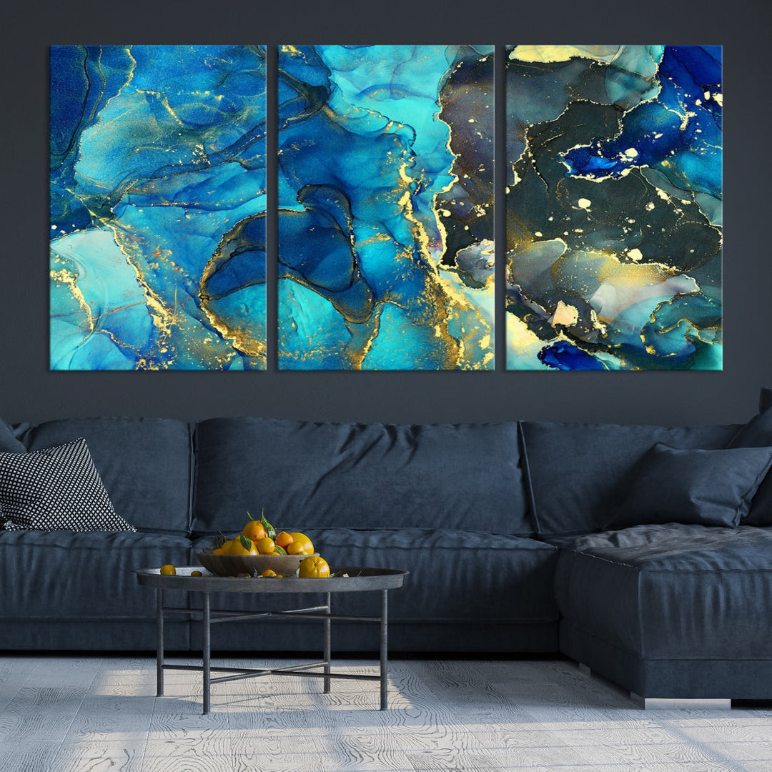 Neon Blue Marble Abstract Large Canvas Art Print for Wall Decor