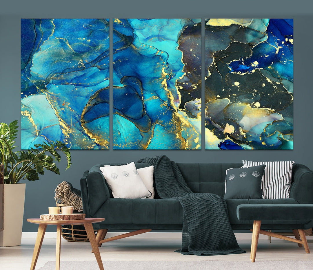 Neon Blue Marble Abstract Large Canvas Art Print for Wall Decor