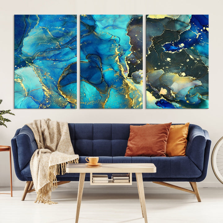 Neon Blue Marble Abstract Large Canvas Art Print for Wall Decor